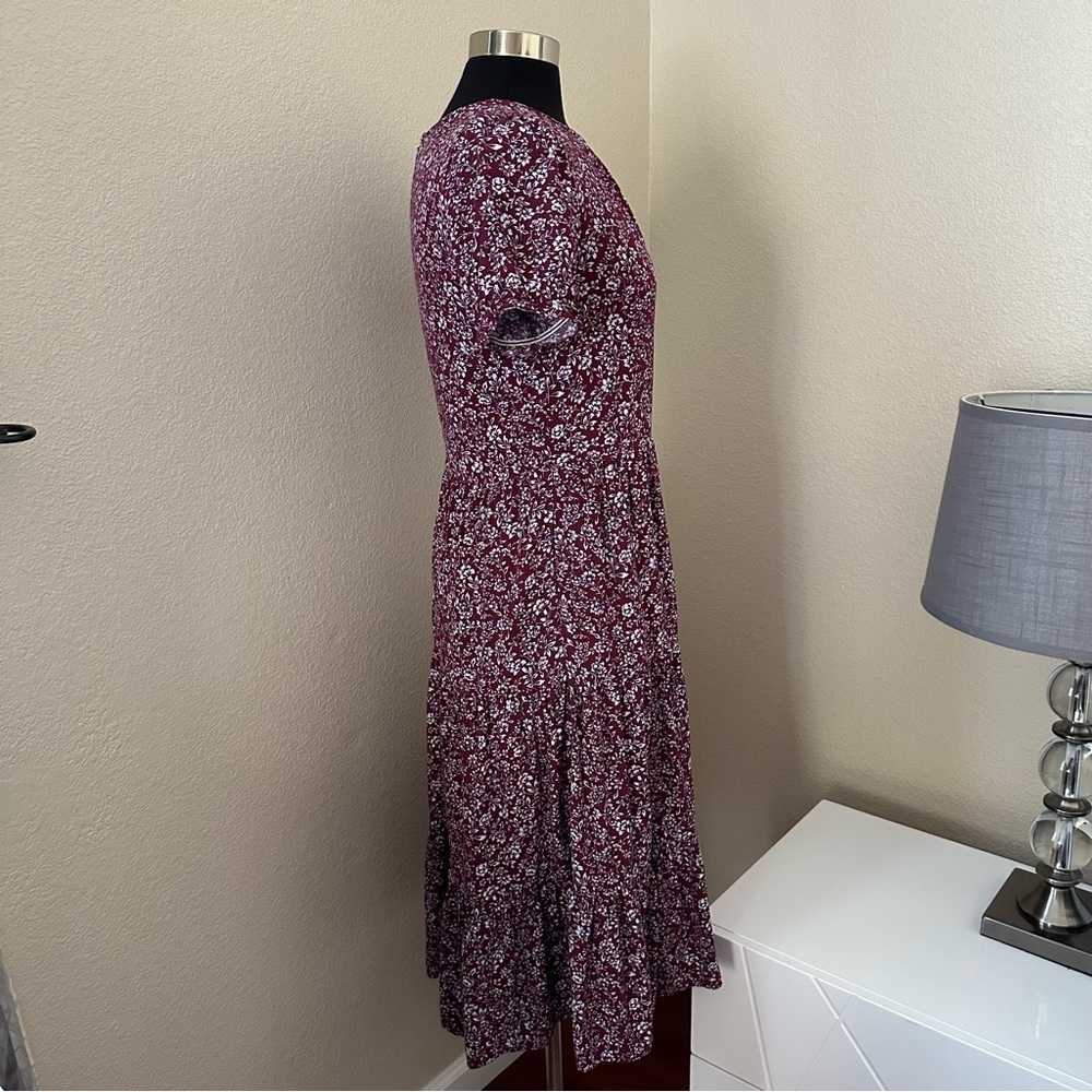 J. Crew Burgundy Floral tiered Puff Sleeve Midi Dress Size XS - Picture 8 of 16